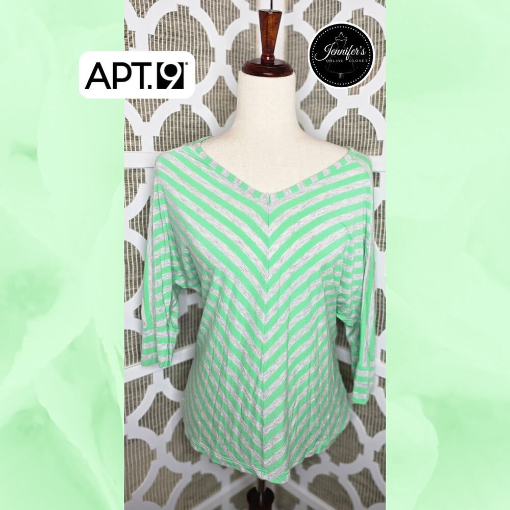 Apt. 9 Green & Gray Striped Dolman 3/4 Sleeve V-Neck Blouse Size M